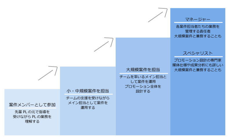 キャリアステップの例。最初にプロジェクトメンバーとして参加、次に小・中規模プロジェクトを担当、次に大規模プロジェクトを担当、最後にマネージャースペシャリスト。