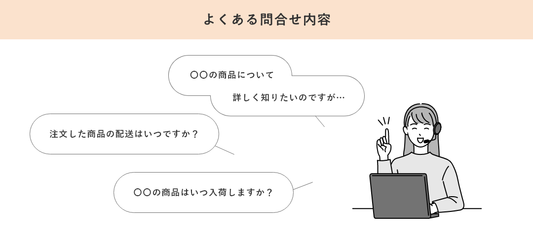 よくある問合せ内容 ○○の商品について詳しくしりたいのですが・・・ 注文した商品の配送はいつですか？ ○○の商品はいつ入荷しますか？