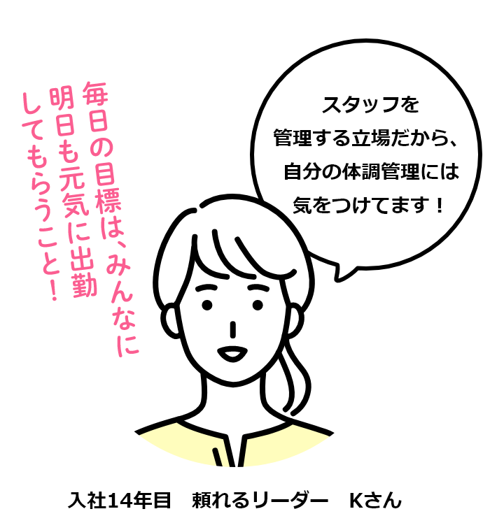 毎日の目標は、みんなに明日も元気に出勤してもらうこと！ スタッフを管理する立場だから、自分の体調管理には気をつけてます！ 入社14年目 頼れるリーダー Kさん