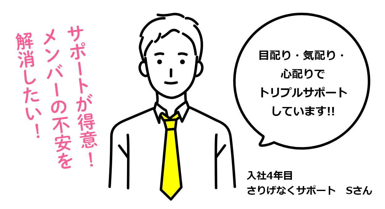 サポートが得意！ メンバーの不安を解消したい！ 目配り・気配り・心配りでトリプルサポートしています！！ 入社4年目 さりげなくサポート Sさん