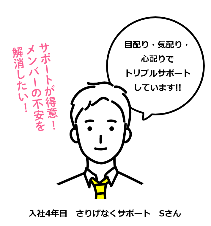 サポートが得意！ メンバーの不安を解消したい！ 目配り・気配り・心配りでトリプルサポートしています！！ 入社4年目 さりげなくサポート Sさん