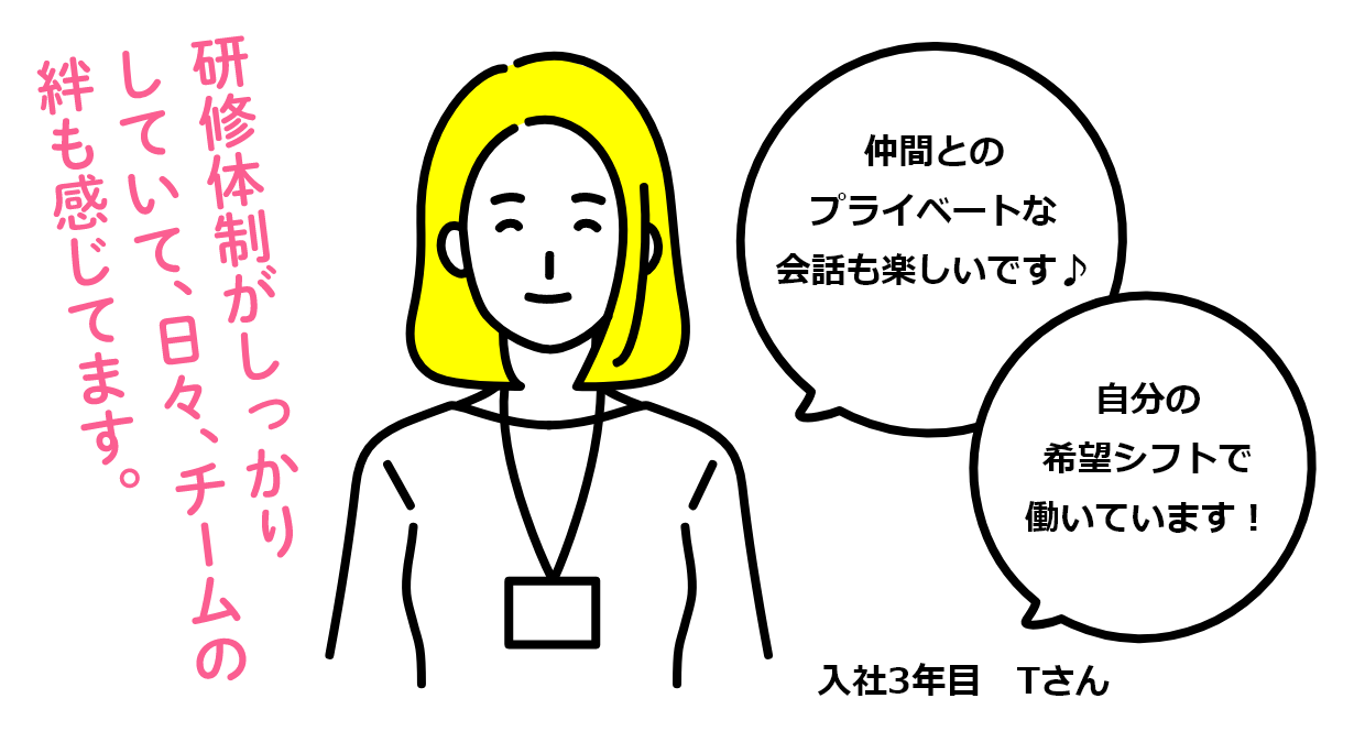 研修体制がしっかりしていて、日々、チームの絆も感じてます。 仲間とのプライベートな会話も楽しいです♪ 自分の希望シフトで働いています！ 入社3年目 Tさん