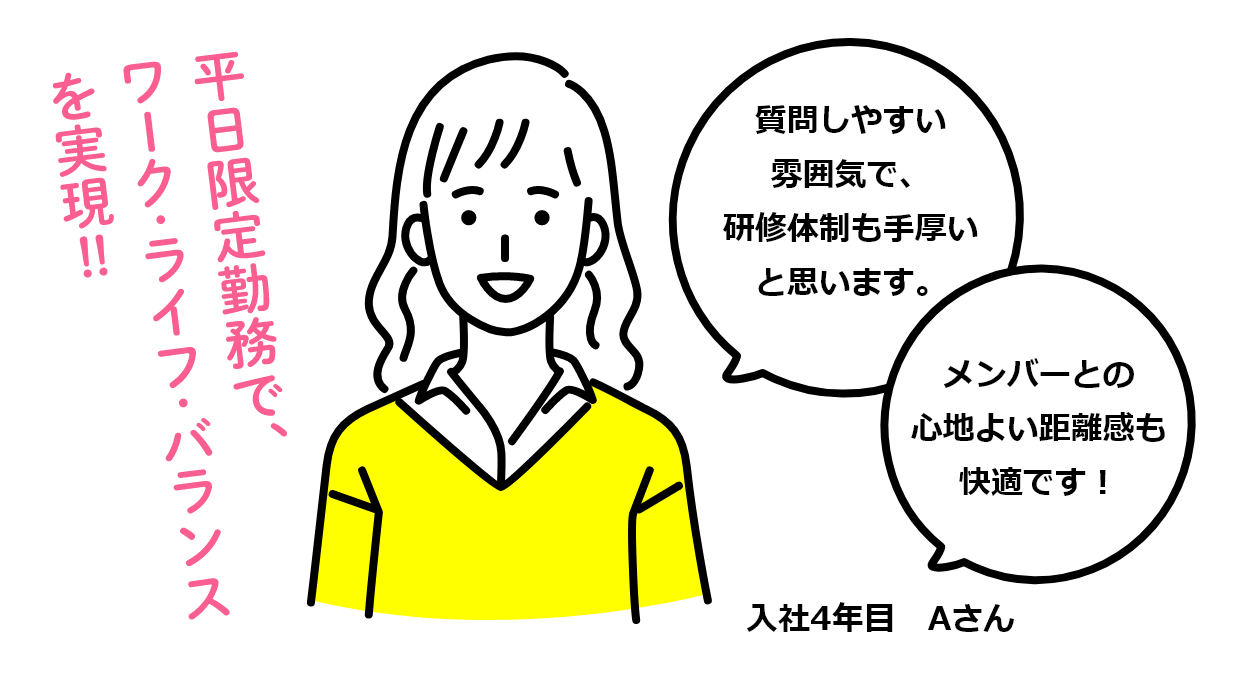 平日限定勤務で、ワーク・ライフ・バランスを実現！！ 質問しやすい雰囲気で、研修体制も手厚いと思います。 メンバーとの心地よい距離感も快適です！ 入社4年目 Aさん