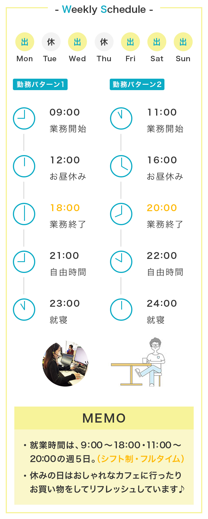 Weekly Schedule Mon 出 Tue 休 Wed 出 Thu 休 Fri 出 Sat 出 Sun 出 勤務パターン1 09:00 業務開始 12:00 お昼休み 18:00 業務終了 21:00 自由時間 23:00 就寝 勤務パターン2 11:00 業務開始 16:00 お昼休み 20:00 業務終了 22:00 自由時間 24:00 就寝 MEMO 就業時間は、9:00～18:00・11:00～20:00の週5日。（シフト制・フルタイム）休みの日はおしゃれなカフェに行ったりお買い物をしてリフレッシュしています♪