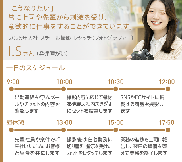 「こうなりたい」常に上司や先輩から刺激を受け、意欲的に仕事をすることができています。2025年入社 スチール撮影・レタッチ（フォトグラファー） I.Sさん（発達障がい）