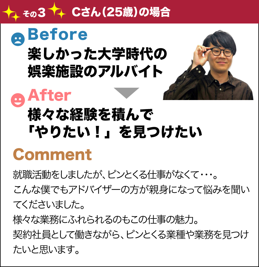 バージョンアップその3Cさん(25歳)の場合before楽しかった大学時代の娯楽施設のアルバイトafter様々な経験を積んで「やりたい！」を見つけたいcomment就職活動をしましたが、ピンとくる仕事がなくて・・・。こんな僕でもアドバイザーの方が親身になって悩みを聞いてくださいました。様々な業務にふれられるのもこの仕事の魅力。契約社員として働きながら、ピンとくる業種や業務を見つけたいと思います。