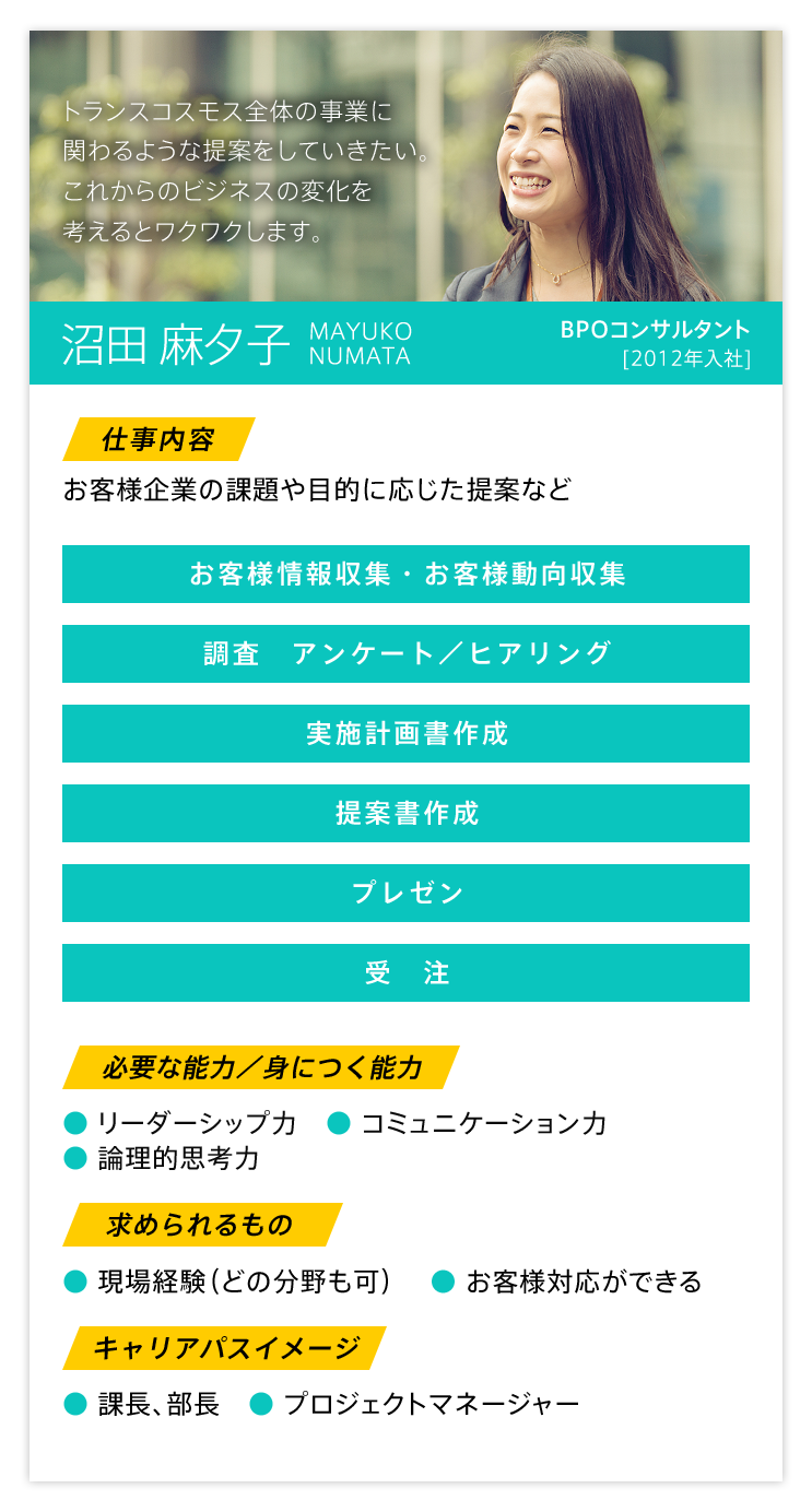 トランスコスモス全体の事業に関わるような提案をしていきたい。これからのビジネスの変化をワクワクします。