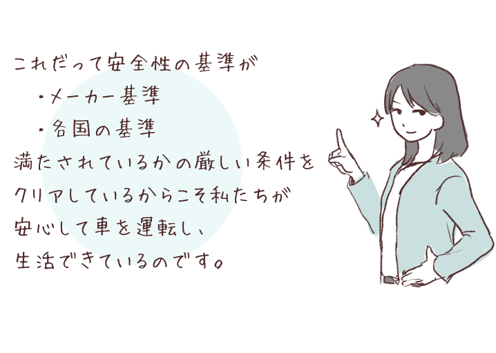 これだって安全性の基準が ・メーカー基準 ・各国の基準 満たされているかの厳しい条件をクリアしているからこそ私たちが安心して車を運転し、生活できているのです。