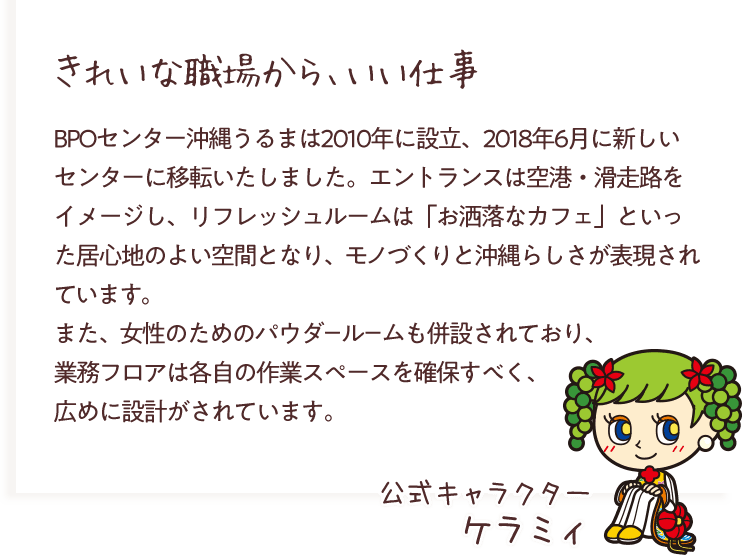 きれいな職場から、いい仕事 BPOセンター沖縄うるまは2010年に設立、2018年6月に新しいセンターに移転いたしました。エントランスは空港・滑走路をイメージし、リフレッシュルームは「お洒落なカフェ」といった居心地のよい空間となり、モノづくりと沖縄らしさが表現されています。 また、女性のためのパウダールームも併設されており、業務フロアは各自の作業スペースを確保すべく、広めに設計がされています。 公式キャラクター ケラミィ