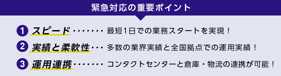 緊急対応の重要ポイント 1.スピード 2.実績と柔軟性 3.運用連携